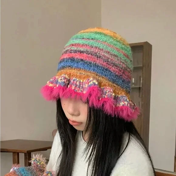 Colorful Striped Bucket Hat with Pink Trim - Picture 2 of 3